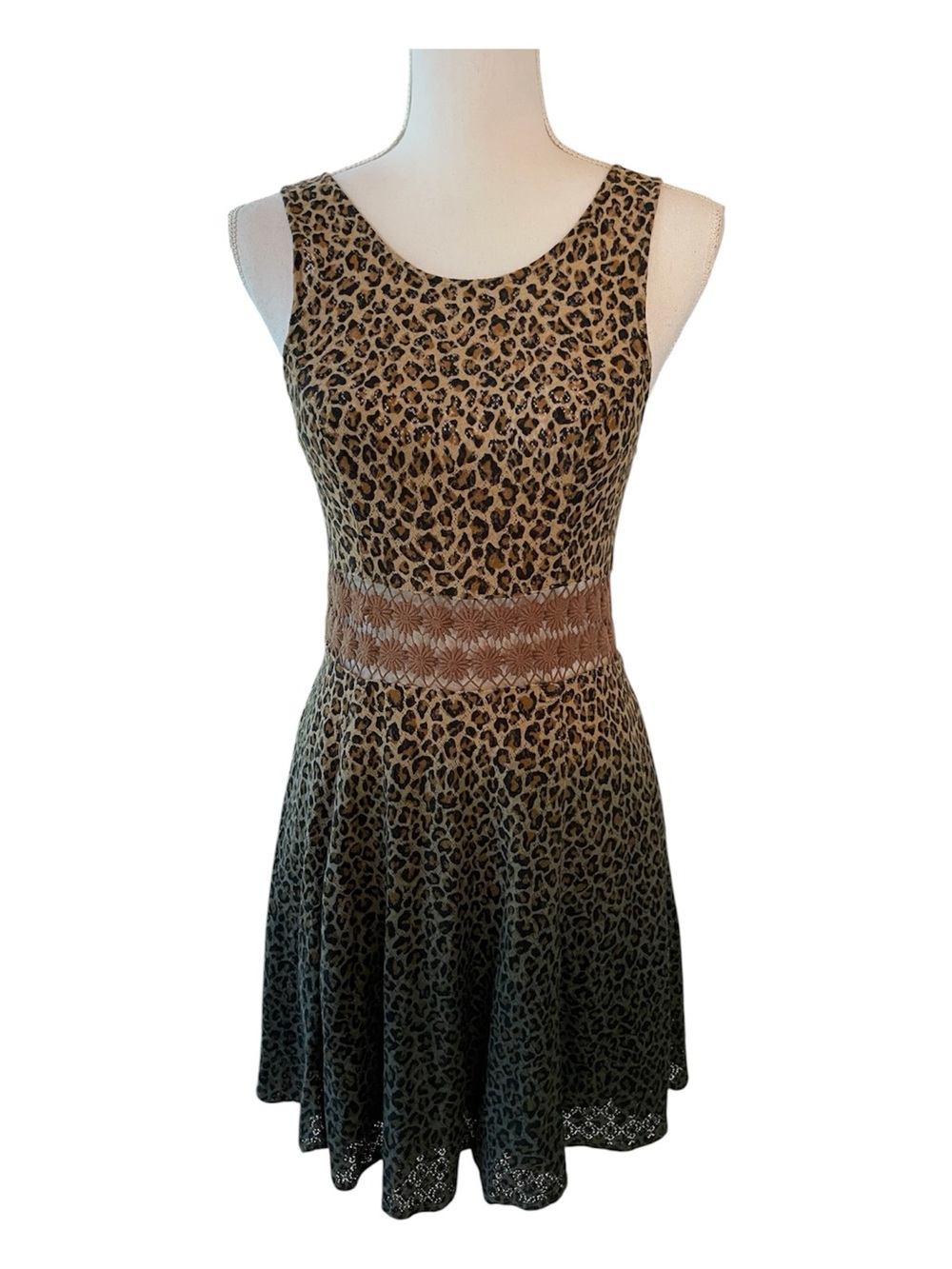 Free People Leopard Print Mini Dress with Lace Waistband. Size S
